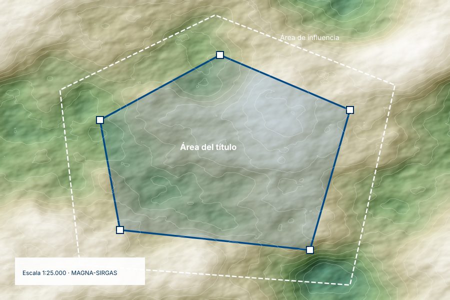 Mapa de un área de título minero y su zona de influencia